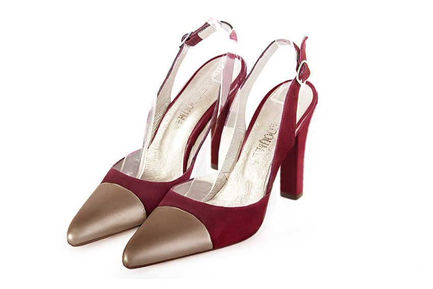 Women's copper and burgundy red elegant slingback heels. Tapered toe. High kitten heels - Front view